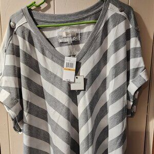 Cupio Striped V-Neck Top 3X Gray White Button Sleeve NWT Casual